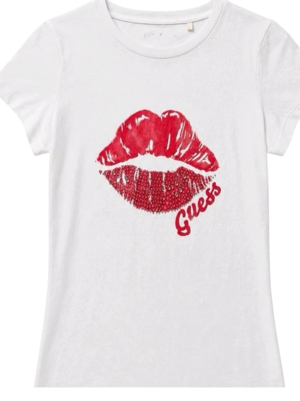 GUESS Ainara Rhinestone Lip Graphic White Fitted Tee L NWT